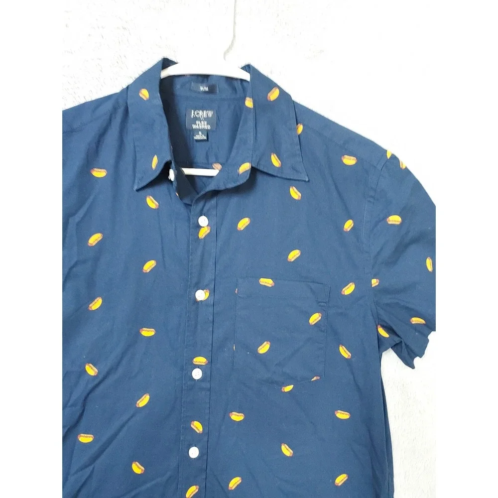 J Crew Shirt Mens Small Slim Flex Washed Hot Dog Print Short Sleeve Blue Novelty